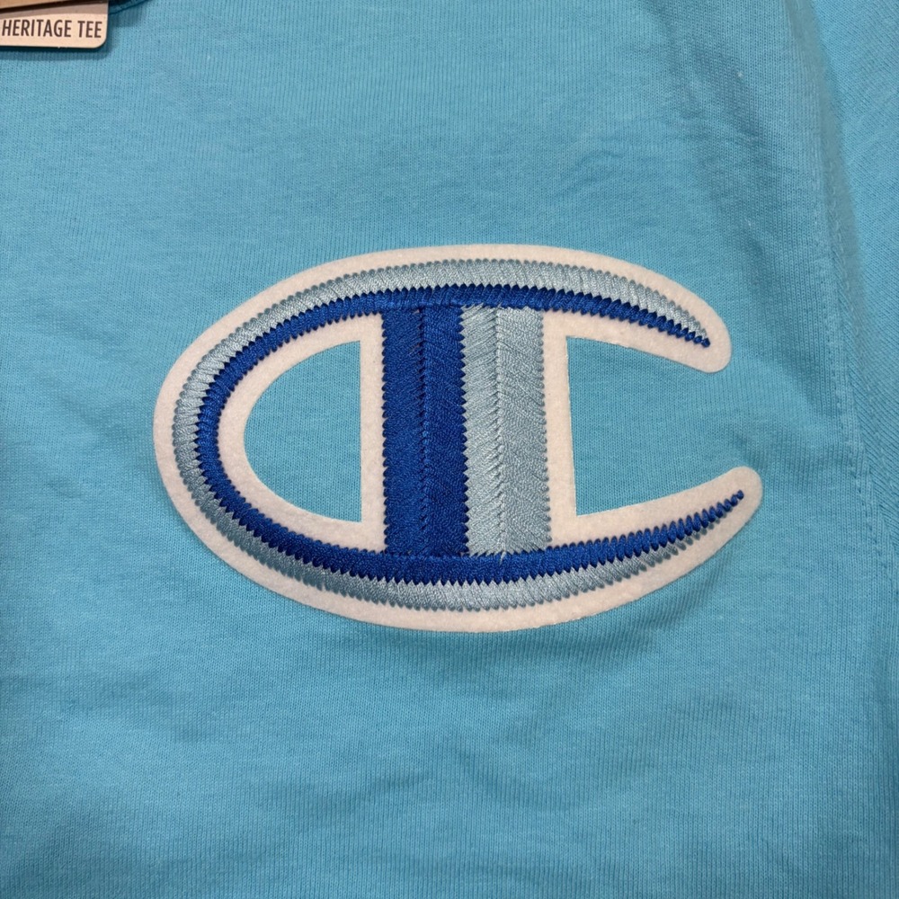NEW Champion Heritage Tee Mens Small Light Blue Chenille Big C Logo T-Shirt ws - Picture 3 of 5